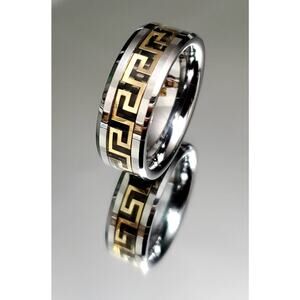 Gold Silver Band, Tungsten Men's Ring, Greek design Band, Wedding Statement Ring